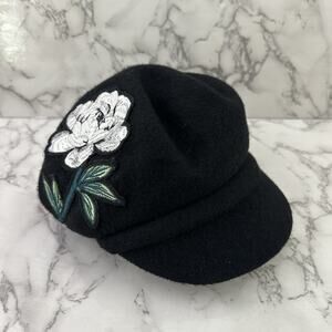 Nine West Womens Vintage Y2k Newsboy Hat Black White Flower Wool Blend